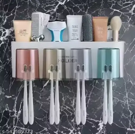 Toothbrush Holder with Adhesive, No-Drill Multi-Slot Organizer for Bathroom – Holds Toothbrushes, Toothpaste, Razor & Cup | Modern Plastic Storage Rack (4 Cup)