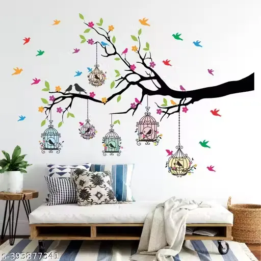 Trending Tree Branches with Birdcage and Flower Self Adhesive Sticker (Pack of 1) (Size:-120 cm x 80 cm)