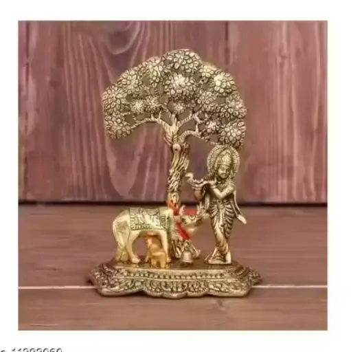 Krishna Cow With Calf Under the Tree Idol For Home,Temple,Office And Gifting Purpose Luck, Happiness and Prosperity Metal Size L-B-H-12x8x17
